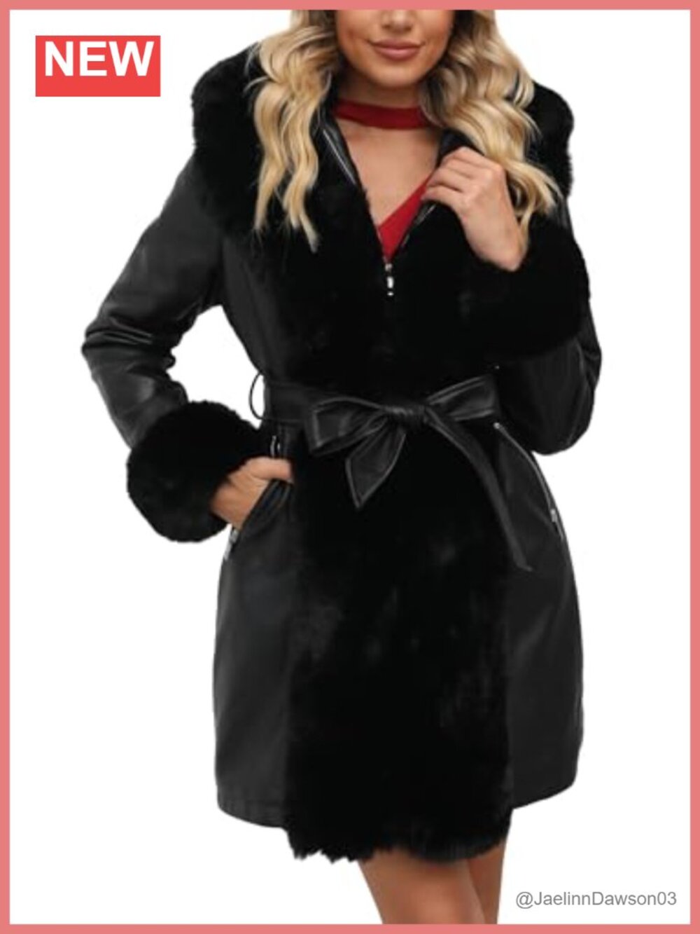 Faux Leather Furry Trim Parka Coat Quilted Faux Fur Lined Hooded Belted